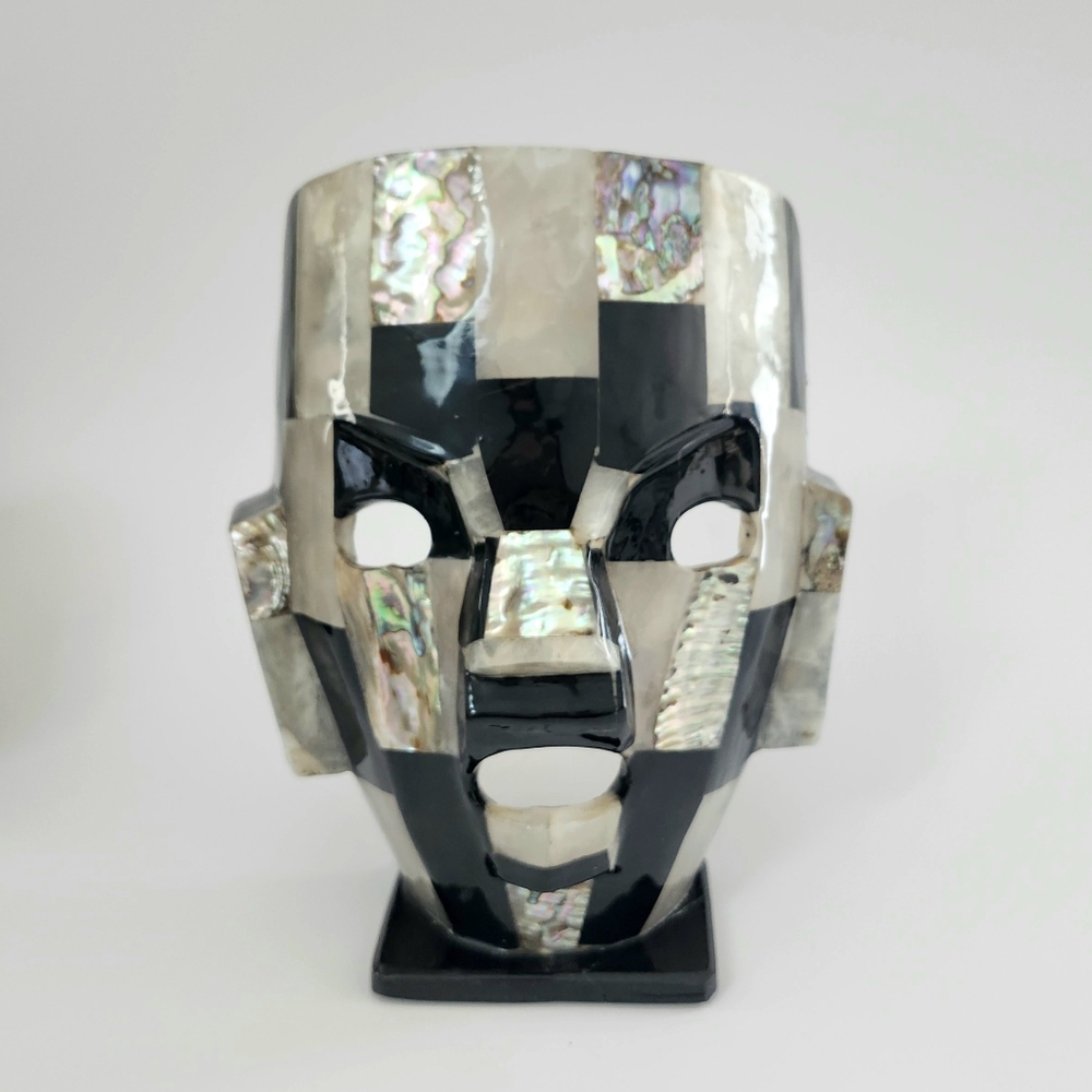 8" H Abalone Shell & Natural Stone Mosaic Mask, Mayan/Aztec Motif, Table Decor